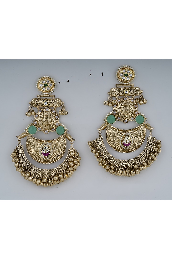 Gold Plated Kundan Polki & Pearl Chandbali Earrings by Anjali Jain Jewellery at Pernia's Pop Up Shop