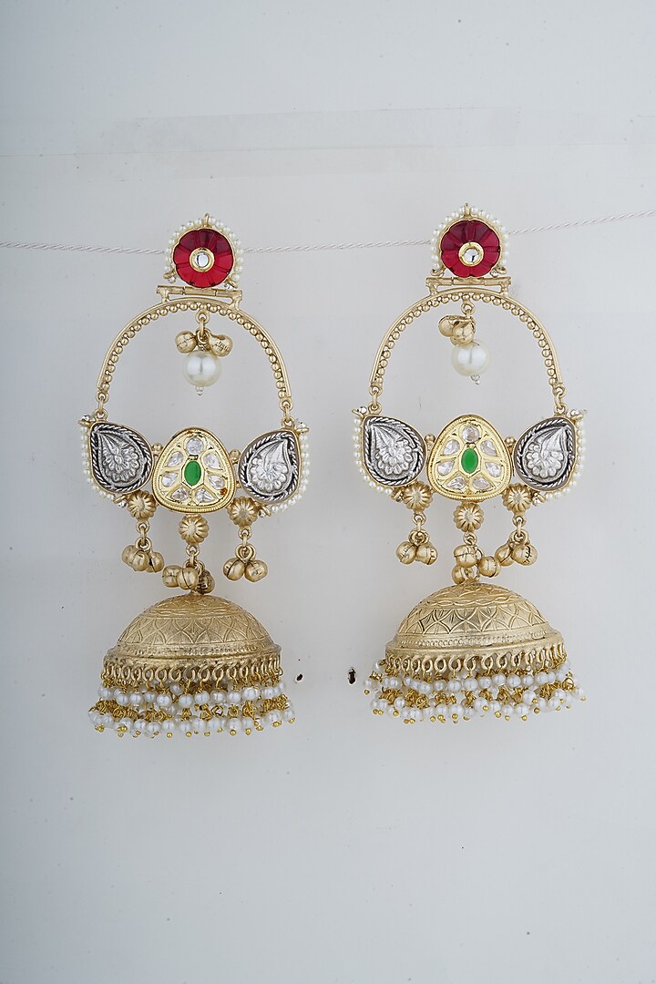 Gold Plated Kundan Polki & Pearl Chandbali Earrings by Anjali Jain Jewellery at Pernia's Pop Up Shop