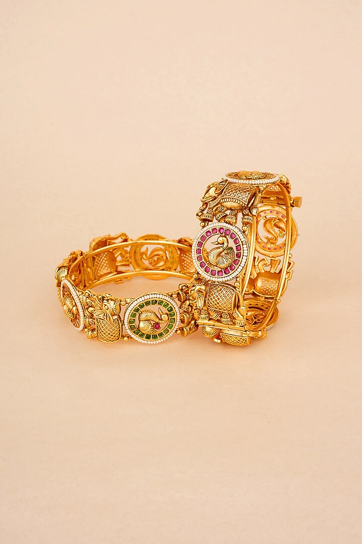 Gold Plated Kundan Polki & Red Stone Bangles (Set Of 2) by Anjali Jain Jewellery at Pernia's Pop Up Shop
