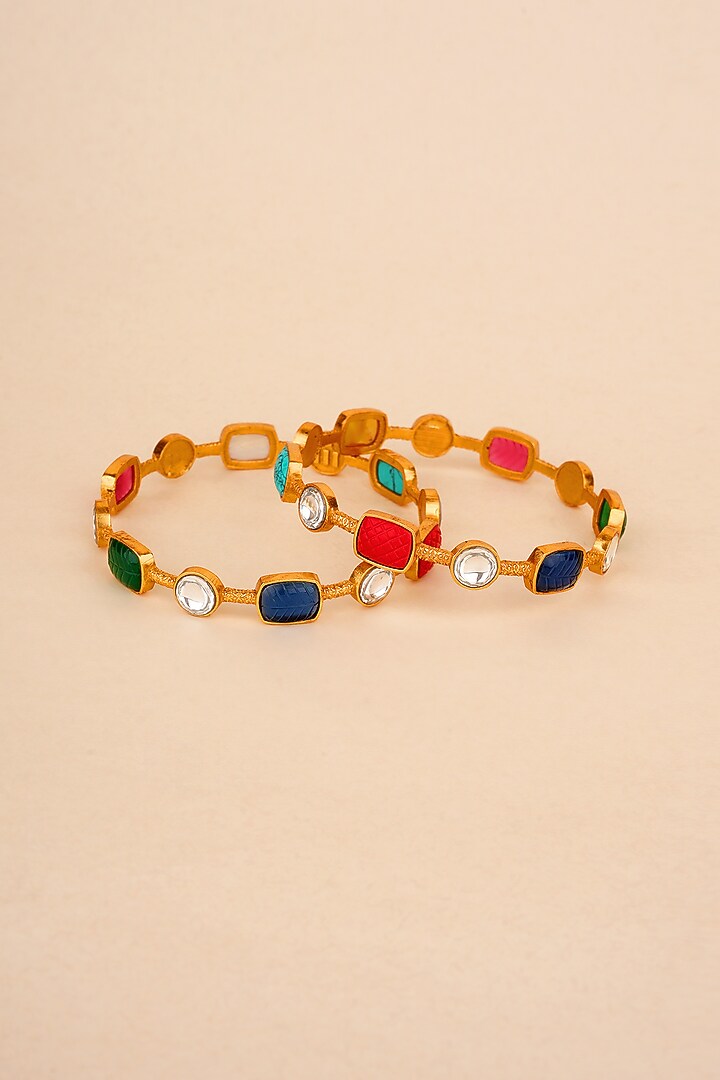 Gold Plated Navratna Stone Bangles (Set Of 2) by Anjali Jain Jewellery at Pernia's Pop Up Shop