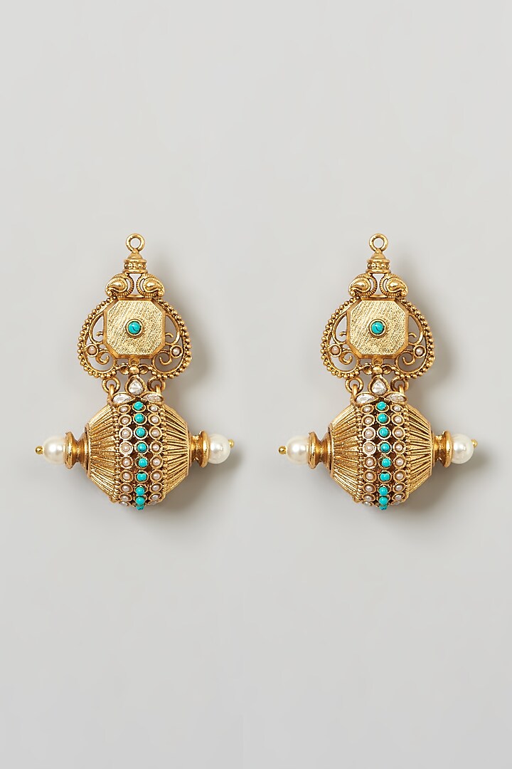 Gold Finish Turquoise Stone Earrings by Anjali Jain Jewellery at Pernia's Pop Up Shop