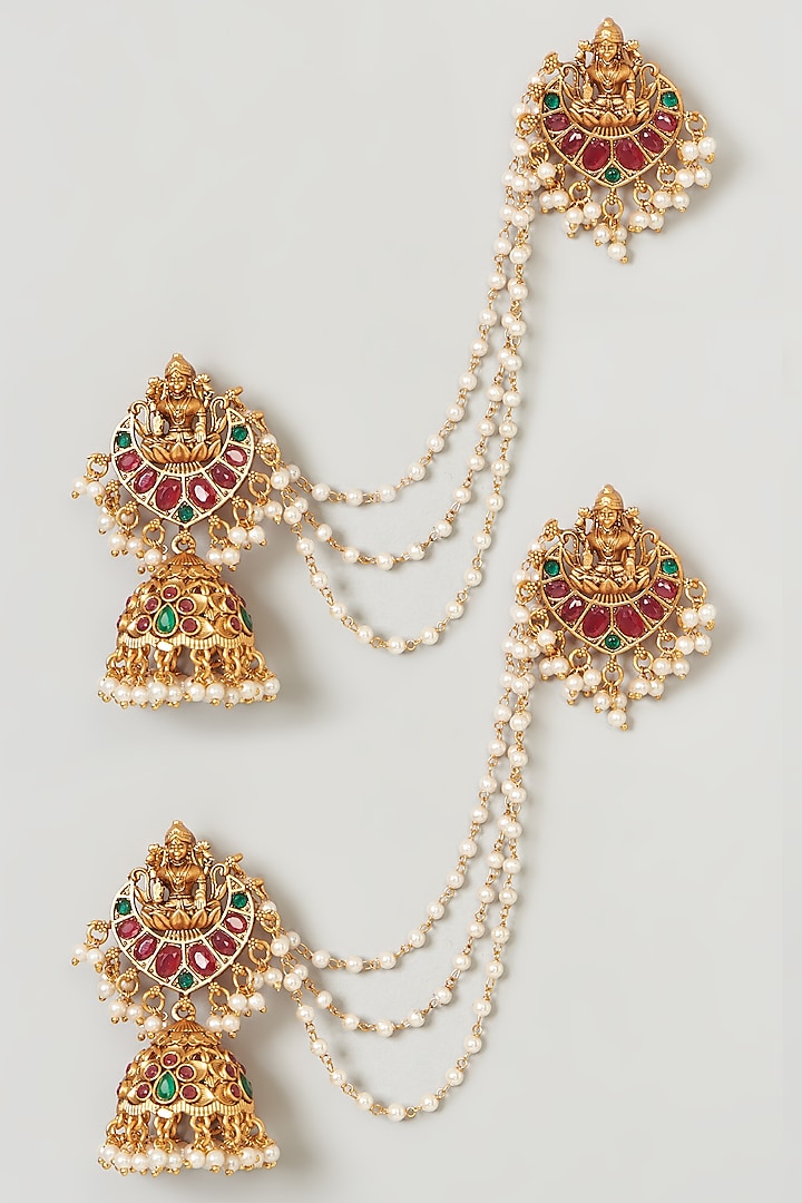 Gold Finish Jhumka Earrings With Side Chain by Anjali Jain Jewellery