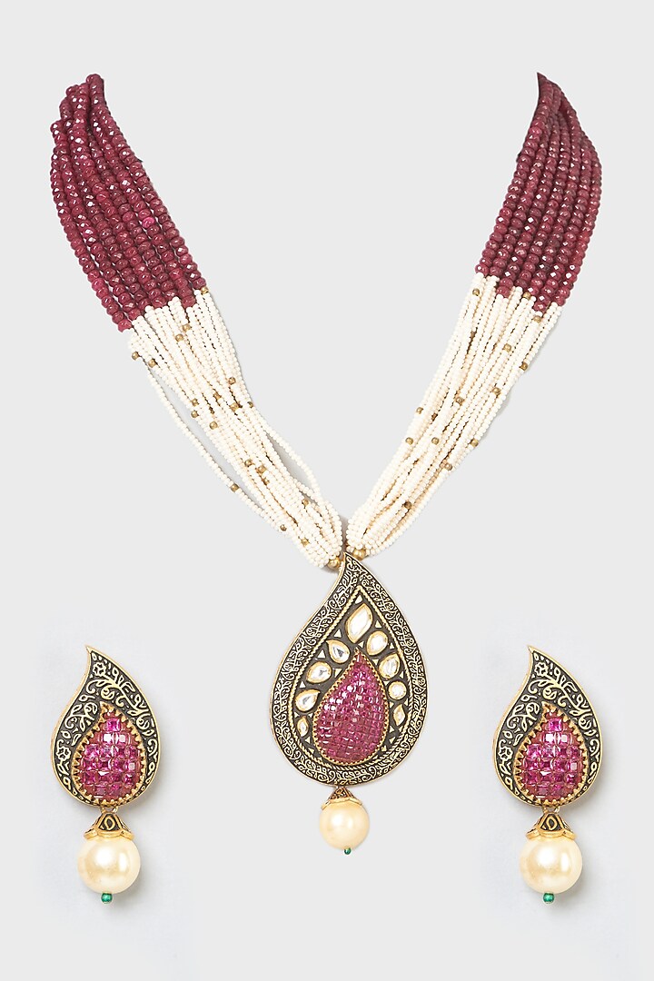 Gold Finish Multi-Layered Pendant Necklace Set by Anjali Jain Jewellery at Pernia's Pop Up Shop