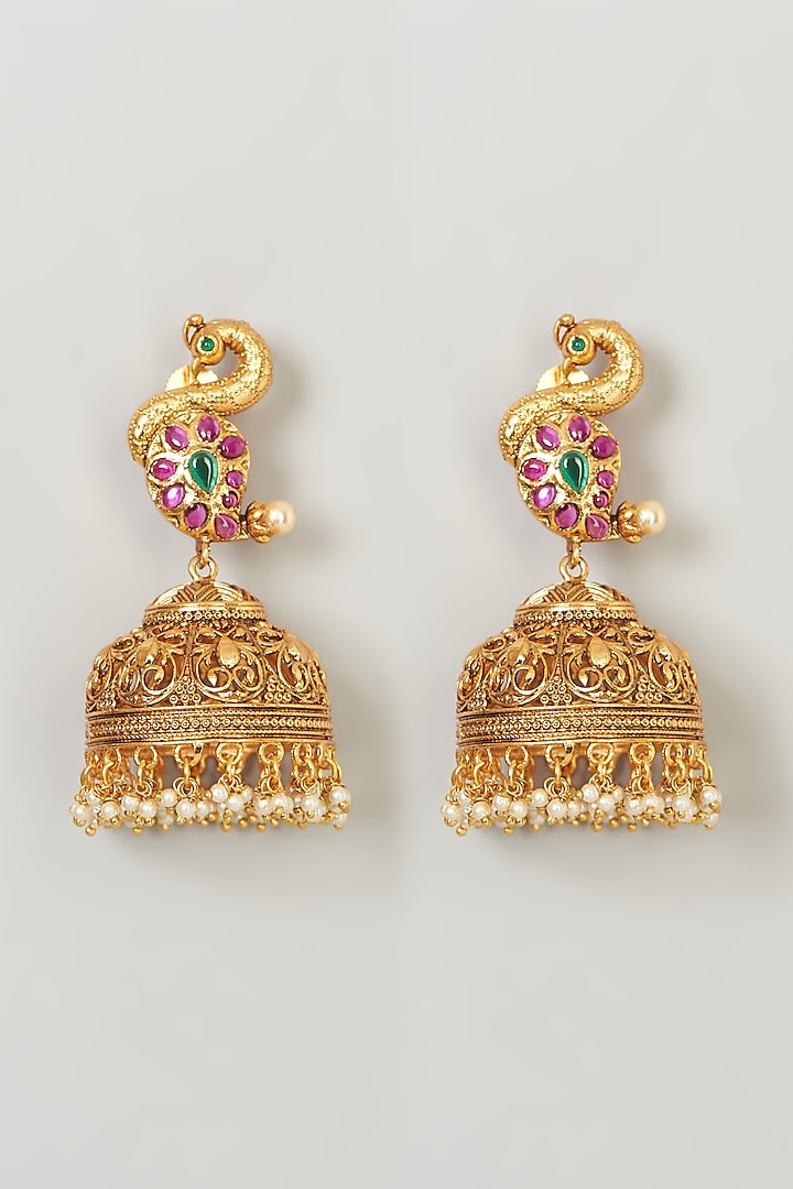 Gold Finish Jhumka Earrings by Anjali Jain Jewellery