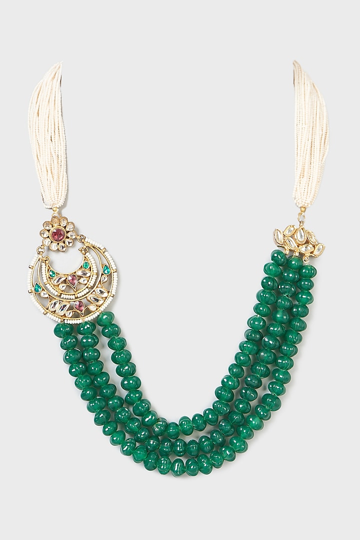Gold Finish Kundan Polki Layered Necklace by Anjali Jain Jewellery