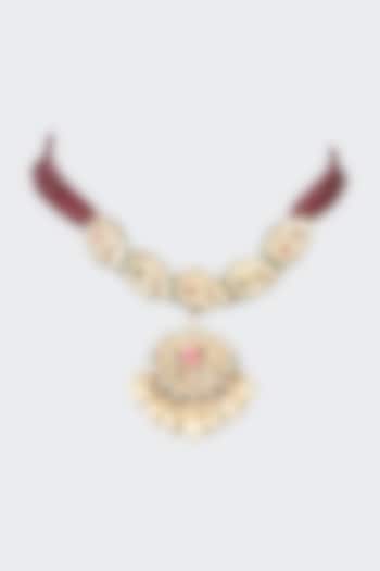 Gold Finish Red Stone Necklace by Anjali Jain Jewellery