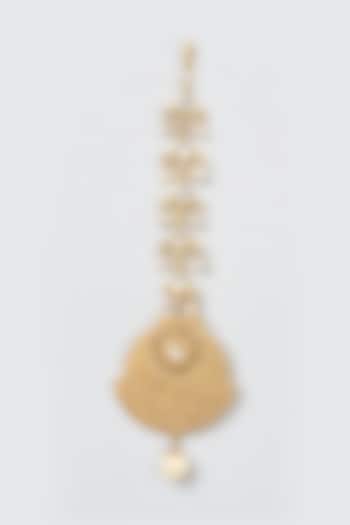 Gold Finish Pearl Temple Maang Tikka by Anjali Jain Jewellery