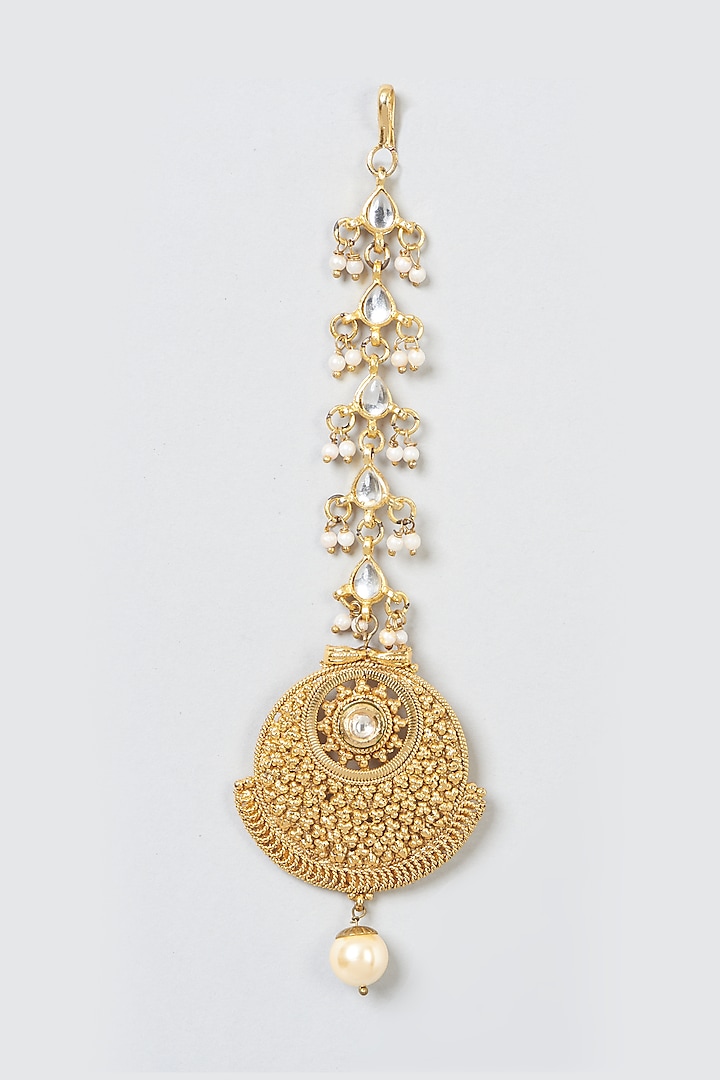 Gold Finish Pearl Temple Maang Tikka by Anjali Jain Jewellery