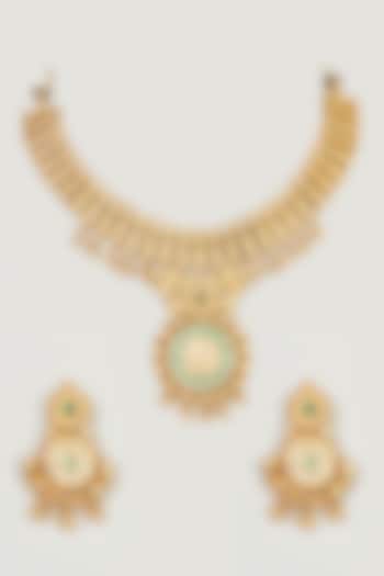 Gold Finish Kundan Polki Necklace Set by Anjali Jain Jewellery