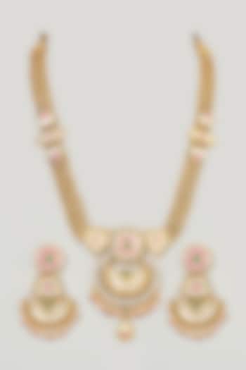 Gold Finish Kundan Polki Long Necklace Set by Anjali Jain Jewellery at Pernia's Pop Up Shop