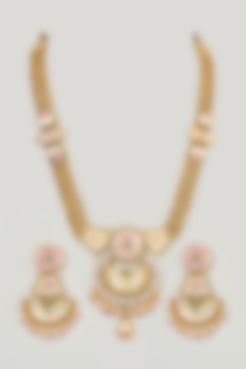 Gold Finish Kundan Polki Long Necklace Set by Anjali Jain Jewellery