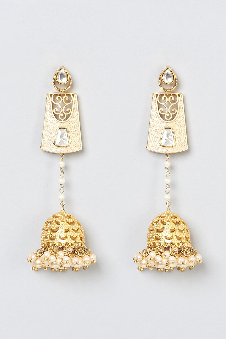 Gold Finish Jhumka Earrings With Pearls by Anjali Jain Jewellery at Pernia's Pop Up Shop