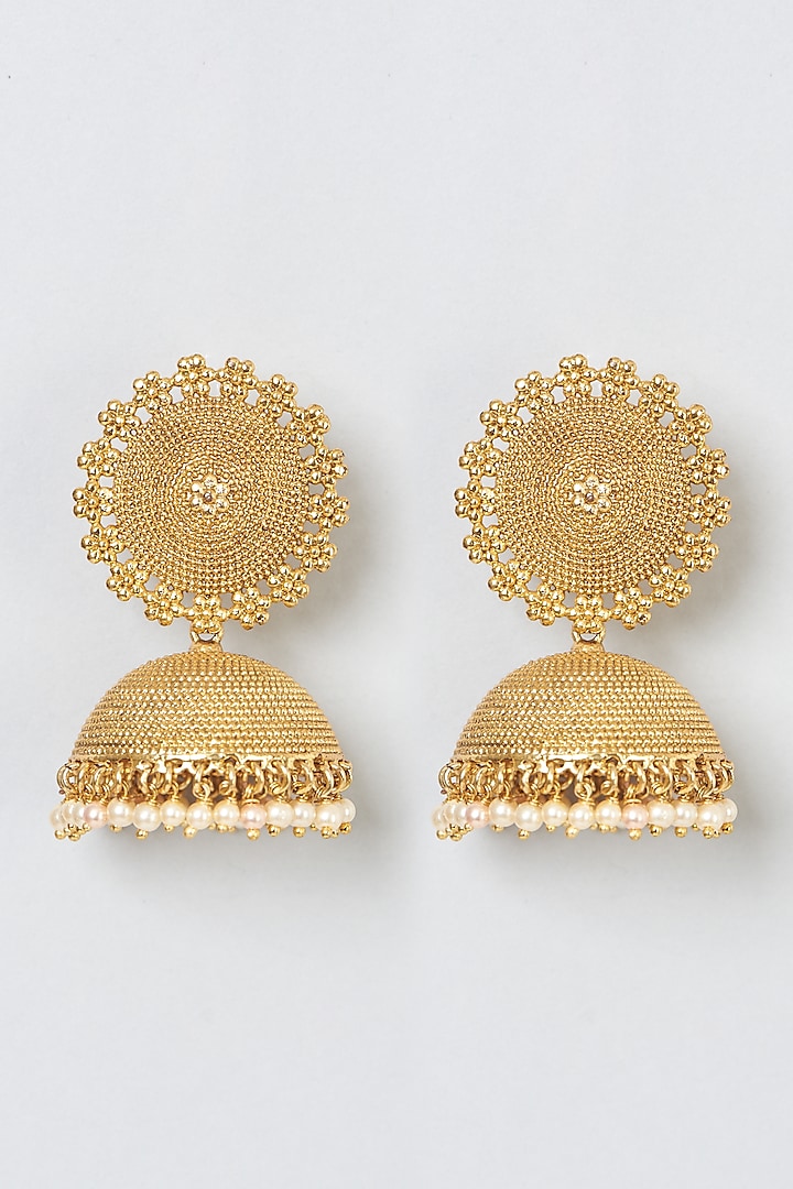 Gold Finish Temple Jhumka Earrings by Anjali Jain Jewellery