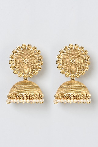 Gold Finish Temple Jhumka Earrings by Anjali Jain Jewellery