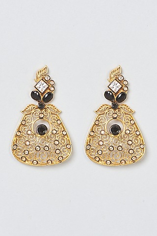 Gold Finish Black Stone & Zircon Dangler Earrings by Anjali Jain Jewellery