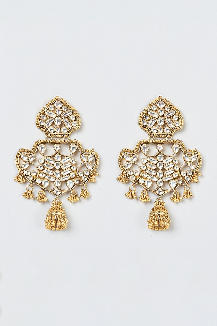 Gold Finish Kundan Polki & Beaded Chandbaali Earrings by Anjali Jain Jewellery at Pernia's Pop Up Shop