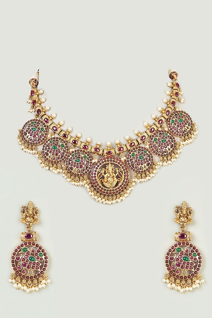 Gold Finish Temple Necklace Set by Anjali Jain Jewellery