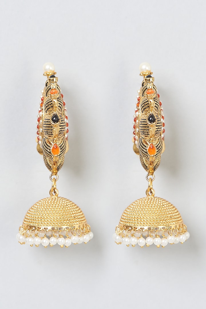 Gold Finish Pearl Temple Jhumka Earrings by Anjali Jain Jewellery