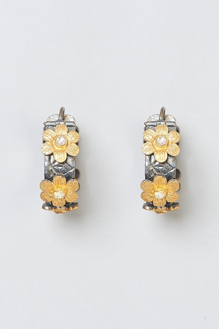 Two-Tone Finish Pearl Floral Hoop Earrings by Anjali Jain Jewellery