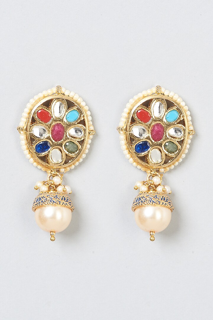 Gold Finish Navratna Stone Dangler Earrings by Anjali Jain Jewellery at Pernia's Pop Up Shop