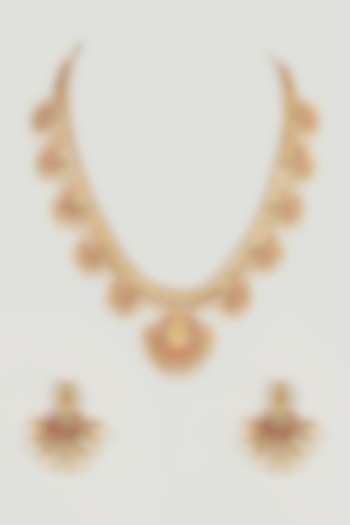 Gold Finish Temple Necklace Set With Pearls by Anjali Jain Jewellery