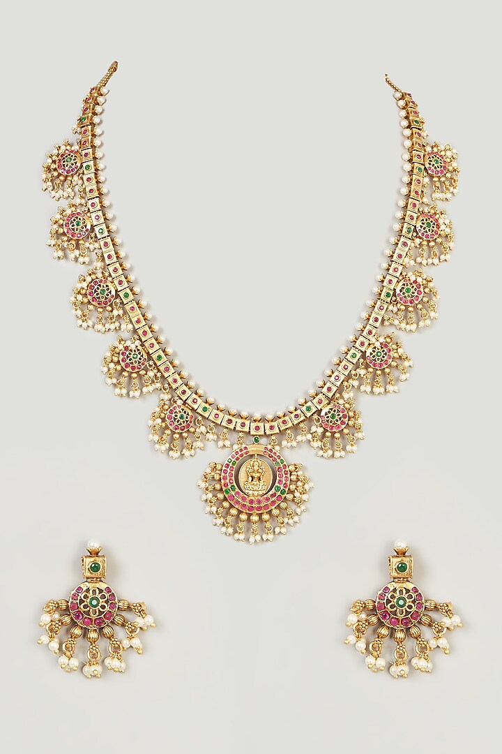 Gold Finish Temple Necklace Set With Pearls by Anjali Jain Jewellery