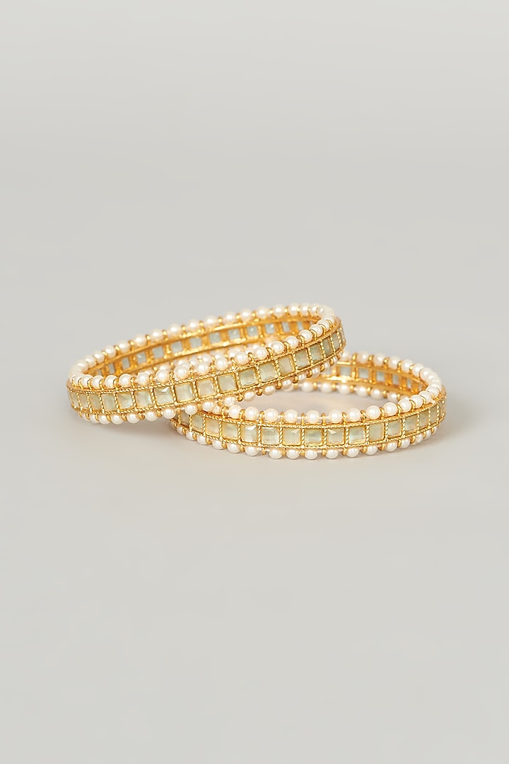 Gold Finish Sea Green Stone Bangles (Set of 2) by Anjali Jain Jewellery