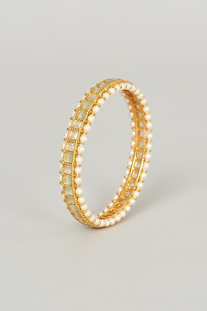 Gold Finish Sea Green Stone Bangles (Set of 2) by Anjali Jain Jewellery at Pernia's Pop Up Shop