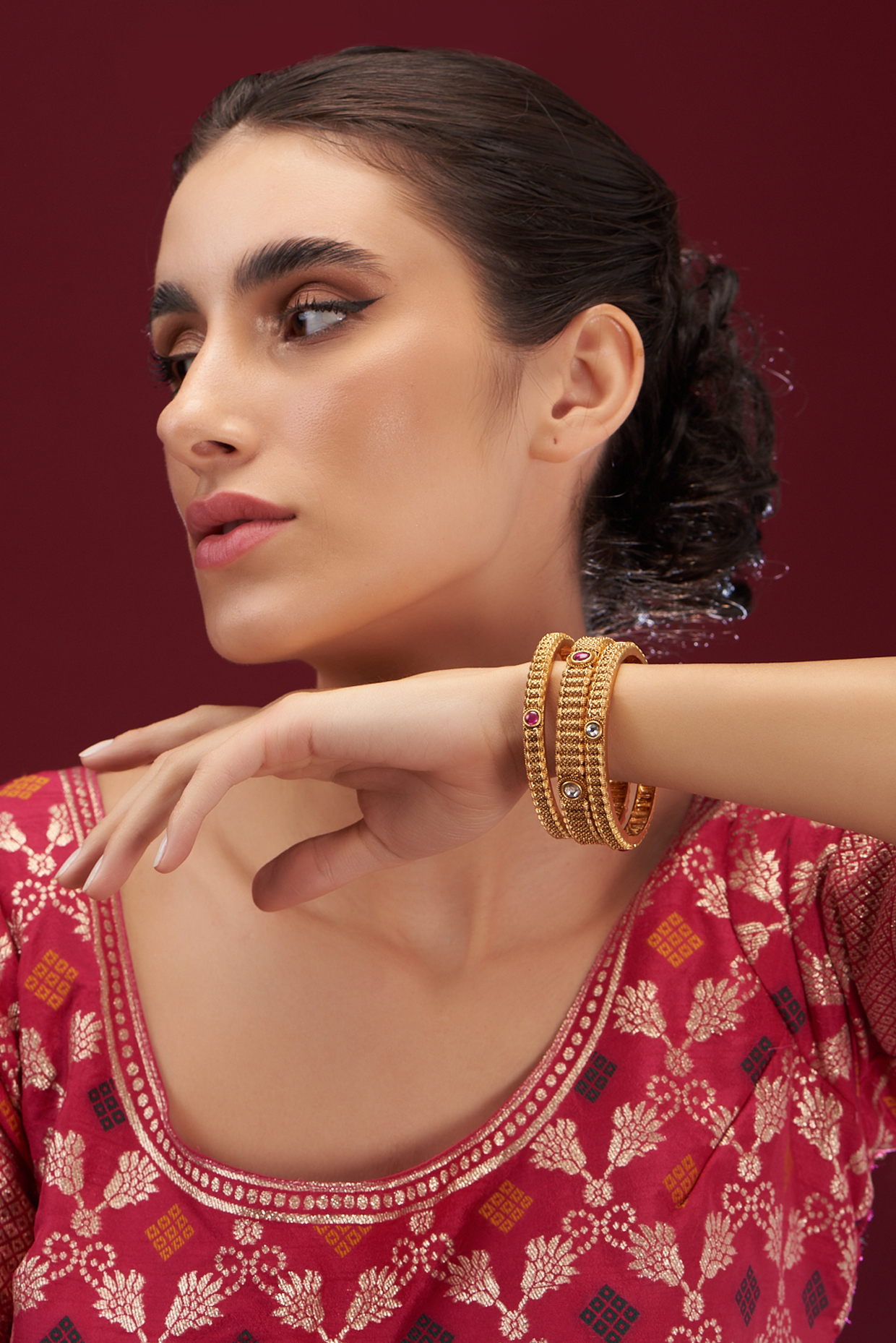 Gold Plated Kundan & Ruby Stone Bangles (Set Of 3) by Anjali Jain Jewellery at Pernia's Pop Up Shop
