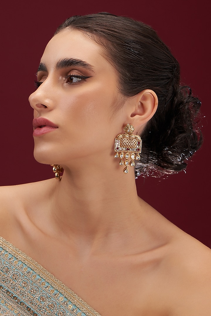 Gold Plated Kundan Polki & Red Stone Dangler Earrings by Anjali Jain Jewellery at Pernia's Pop Up Shop