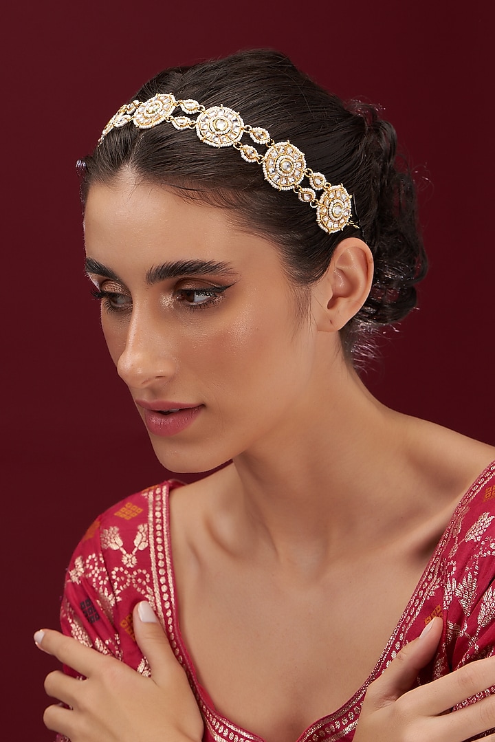 Gold Plated Kundan Polki Floral Mathapatti by Anjali Jain Jewellery at Pernia's Pop Up Shop