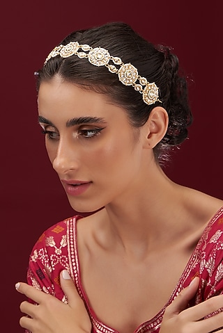 Gold Plated Kundan Polki Floral Mathapatti by Anjali Jain Jewellery