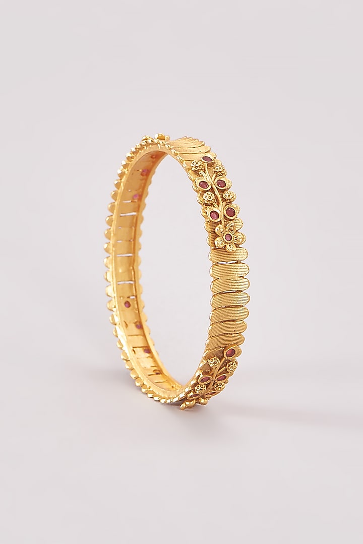 Gold Plated Red Stone Carved Temple Bangles (Set Of 4) by Anjali