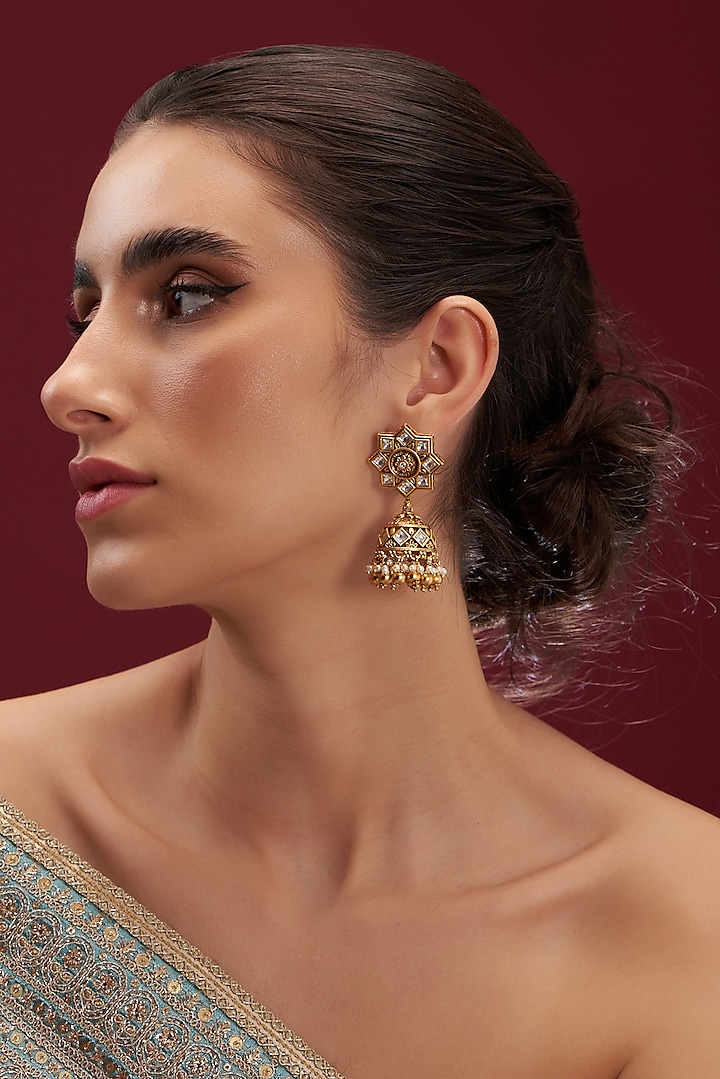 Gold Plated Kundan Polki & Beaded Jhumka Earrings by Anjali Jain Jewellery