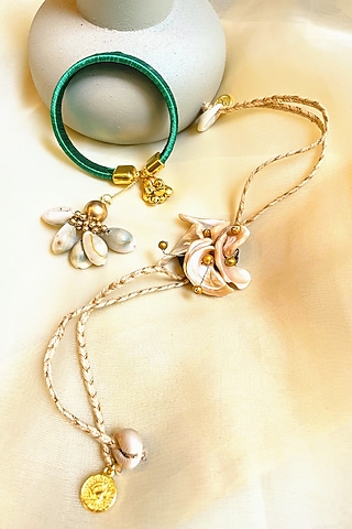 Green & Cream Floral Rakhi & Lumba (Set of 2) by Anjali Jain Jewellery