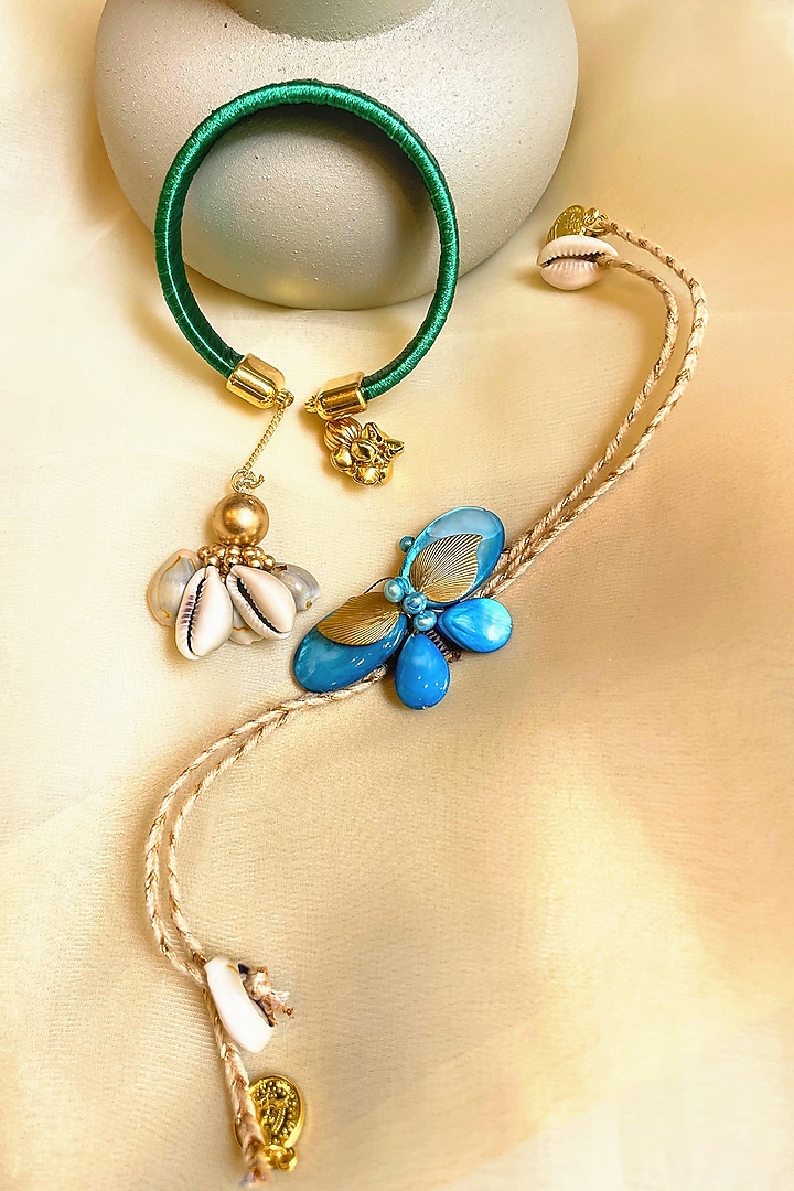 Green & Blue Floral Rakhi & Lumba (Set of 2) by Anjali Jain Jewellery at Pernia's Pop Up Shop