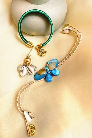 Green & Blue Floral Rakhi & Lumba (Set of 2) by Anjali Jain Jewellery