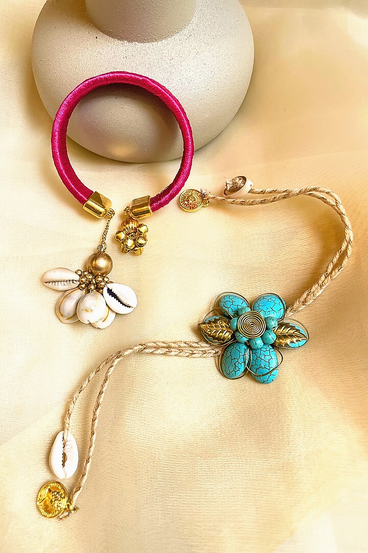 Pink & Blue Floral Rakhi & Lumba (Set of 2) by Anjali Jain Jewellery at Pernia's Pop Up Shop