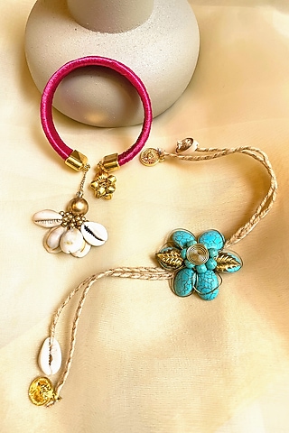 Pink & Blue Floral Rakhi & Lumba (Set of 2) by Anjali Jain Jewellery