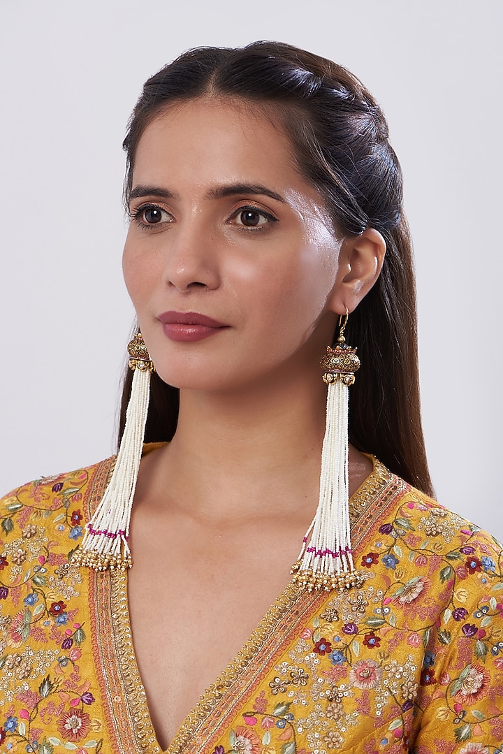 Gold Finish Pearl Tassel Earrings by Anjali Jain Jewellery at Pernia's Pop Up Shop