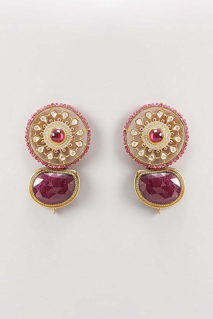 Gold Finish Carved Ruby Stone Dangler Earrings by Anjali Jain Jewellery at Pernia's Pop Up Shop