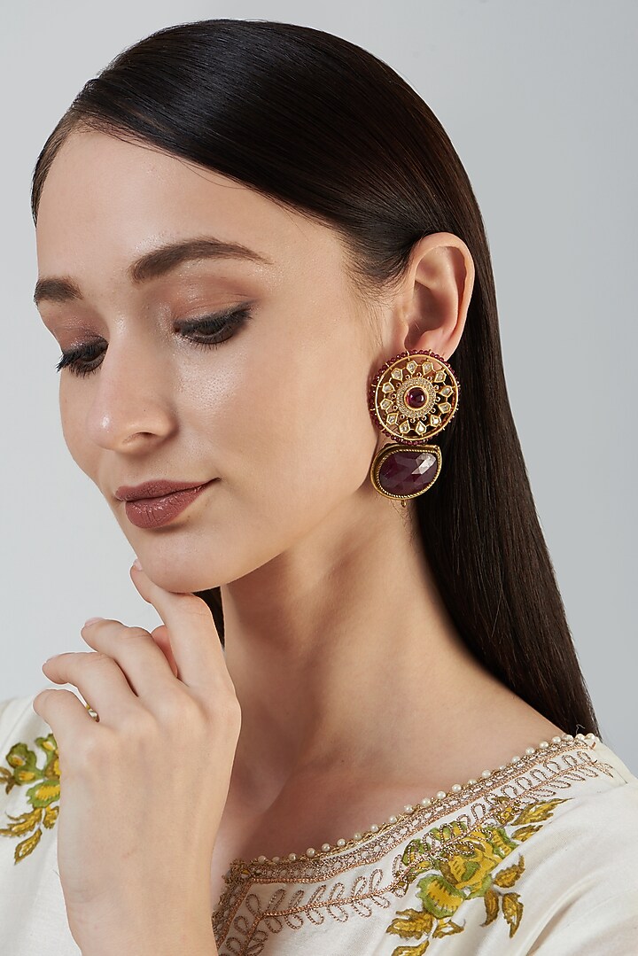 Gold Finish Carved Ruby Stone Dangler Earrings by Anjali Jain Jewellery at Pernia's Pop Up Shop