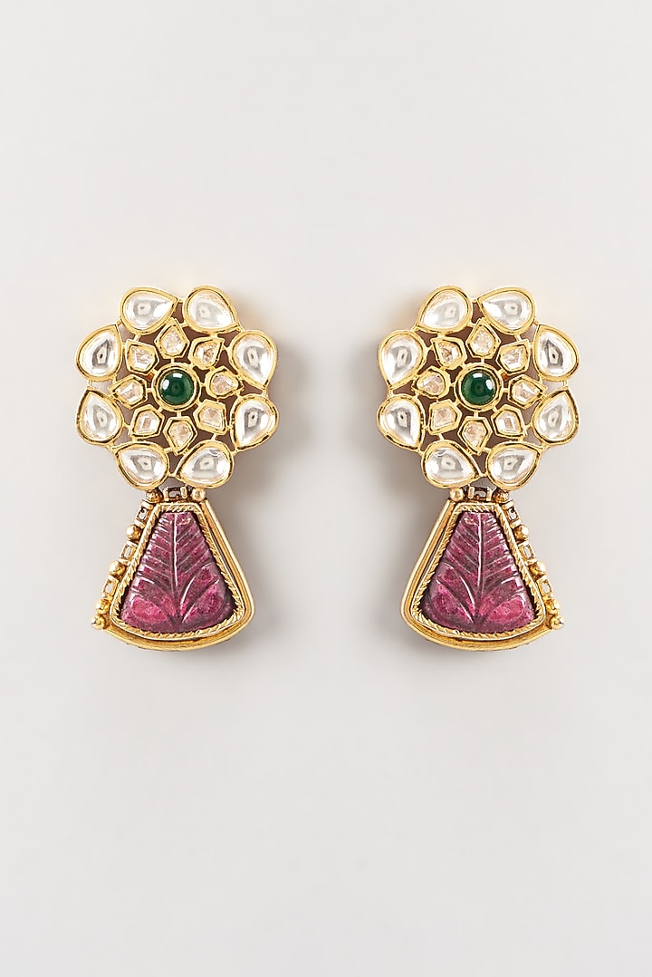 Gold Finish Kundan Polki & Carved Ruby Stone Dangler Earrings by Anjali Jain Jewellery at Pernia's Pop Up Shop
