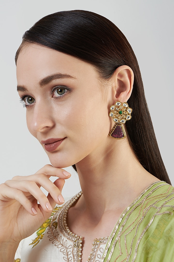 Gold Finish Kundan Polki & Carved Ruby Stone Dangler Earrings by Anjali Jain Jewellery at Pernia's Pop Up Shop