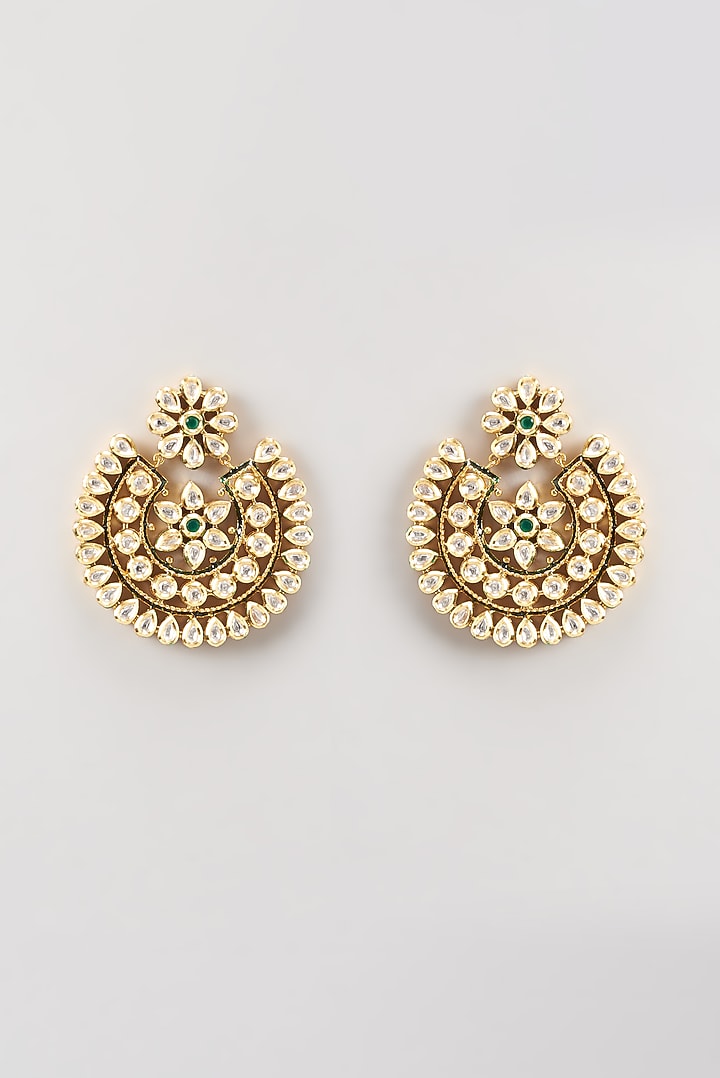 Gold Finish Kundan Polki Chandbaali Earrings by Anjali Jain Jewellery at Pernia's Pop Up Shop