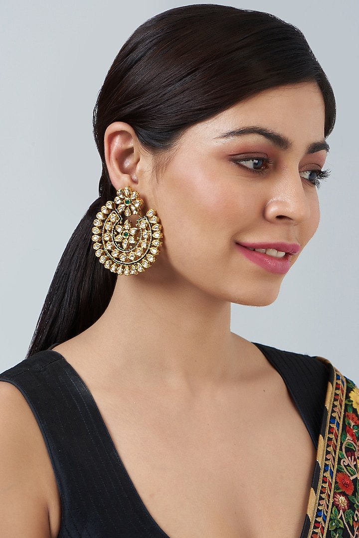 Gold Finish Kundan Polki Chandbaali Earrings by Anjali Jain Jewellery at Pernia's Pop Up Shop