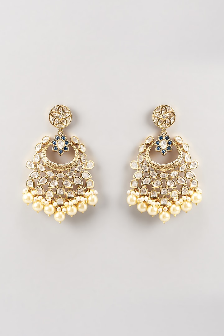 Gold Finish Kundan Polki & Stone Chandbaali Earrings by Anjali Jain Jewellery at Pernia's Pop Up Shop