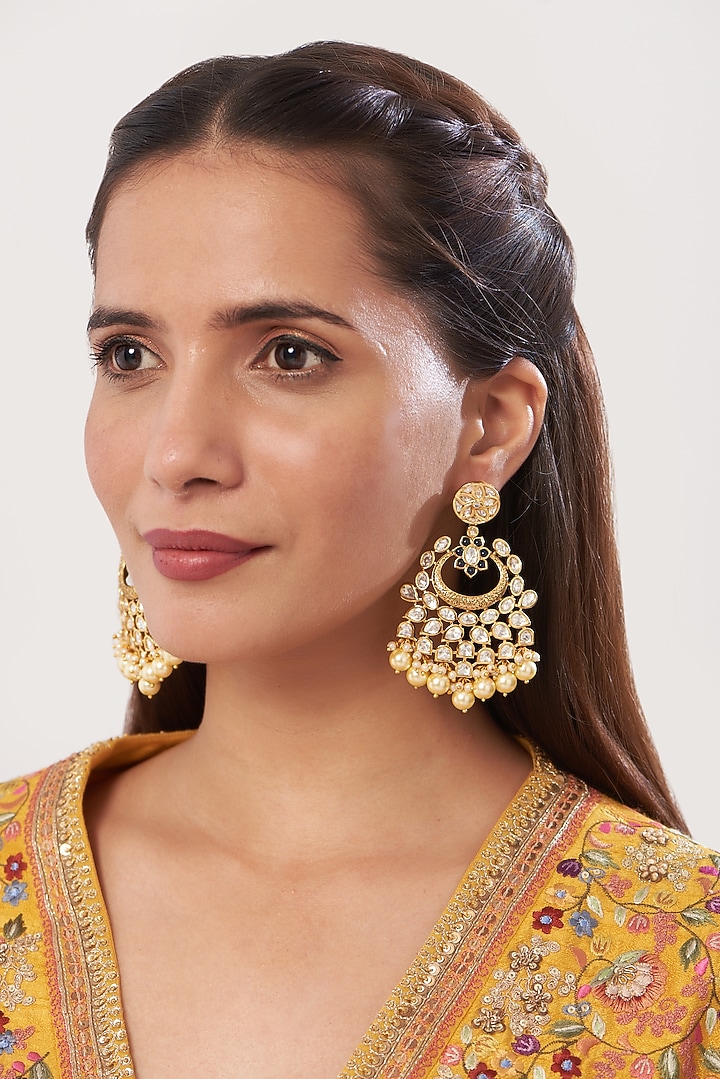 Gold Finish Kundan Polki & Stone Chandbaali Earrings by Anjali Jain Jewellery at Pernia's Pop Up Shop