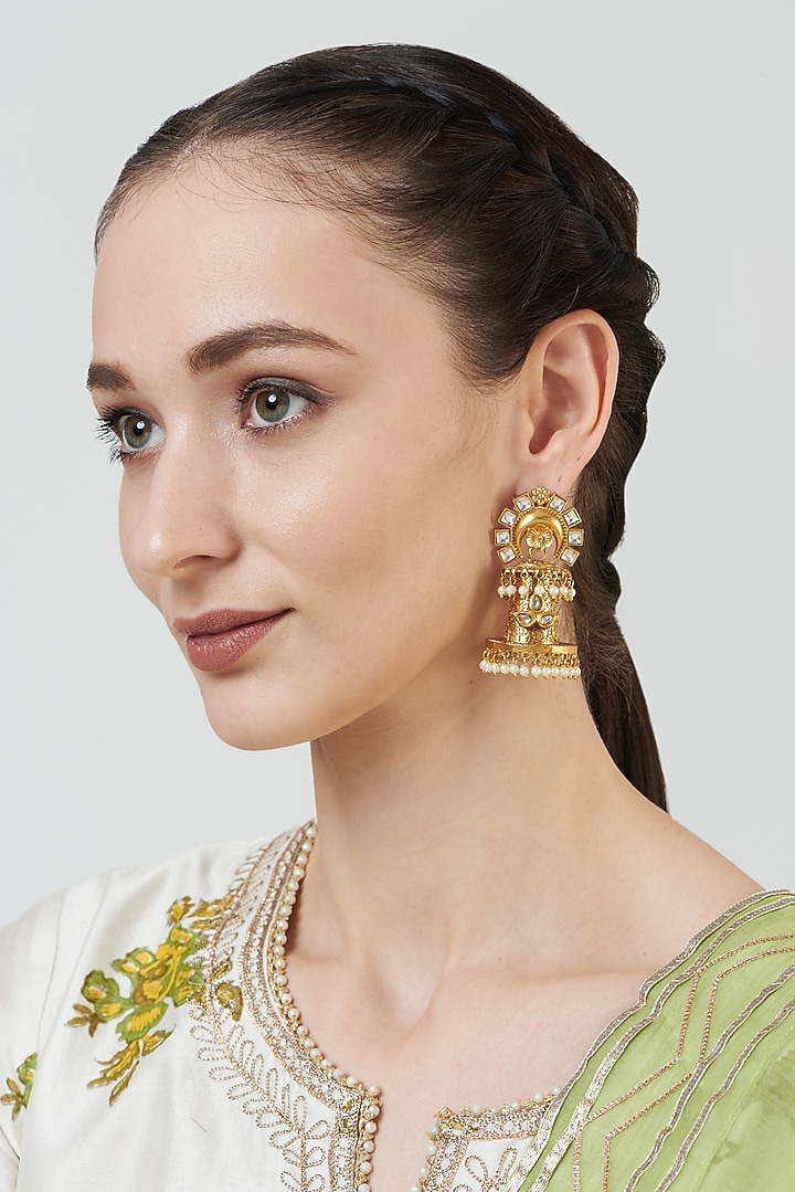 Gold Finish Kundan Polki Dangler Earrings by Anjali Jain Jewellery at Pernia's Pop Up Shop