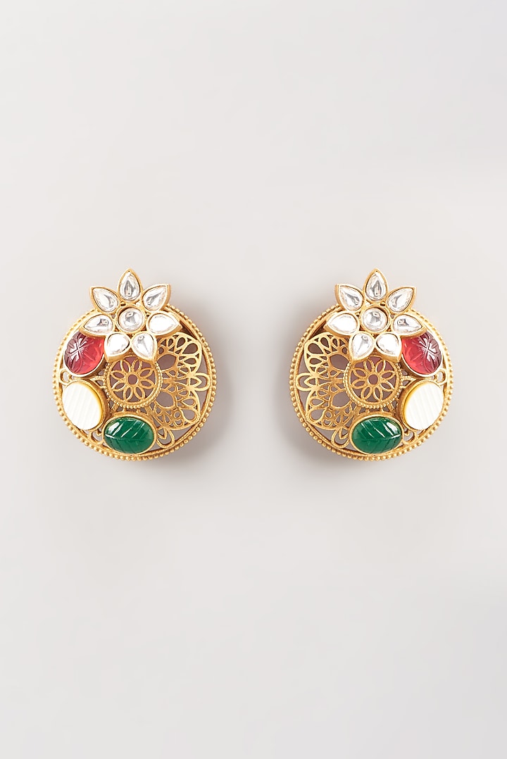 Gold Finish Kundan Polki Stud Earrings by Anjali Jain Jewellery at Pernia's Pop Up Shop